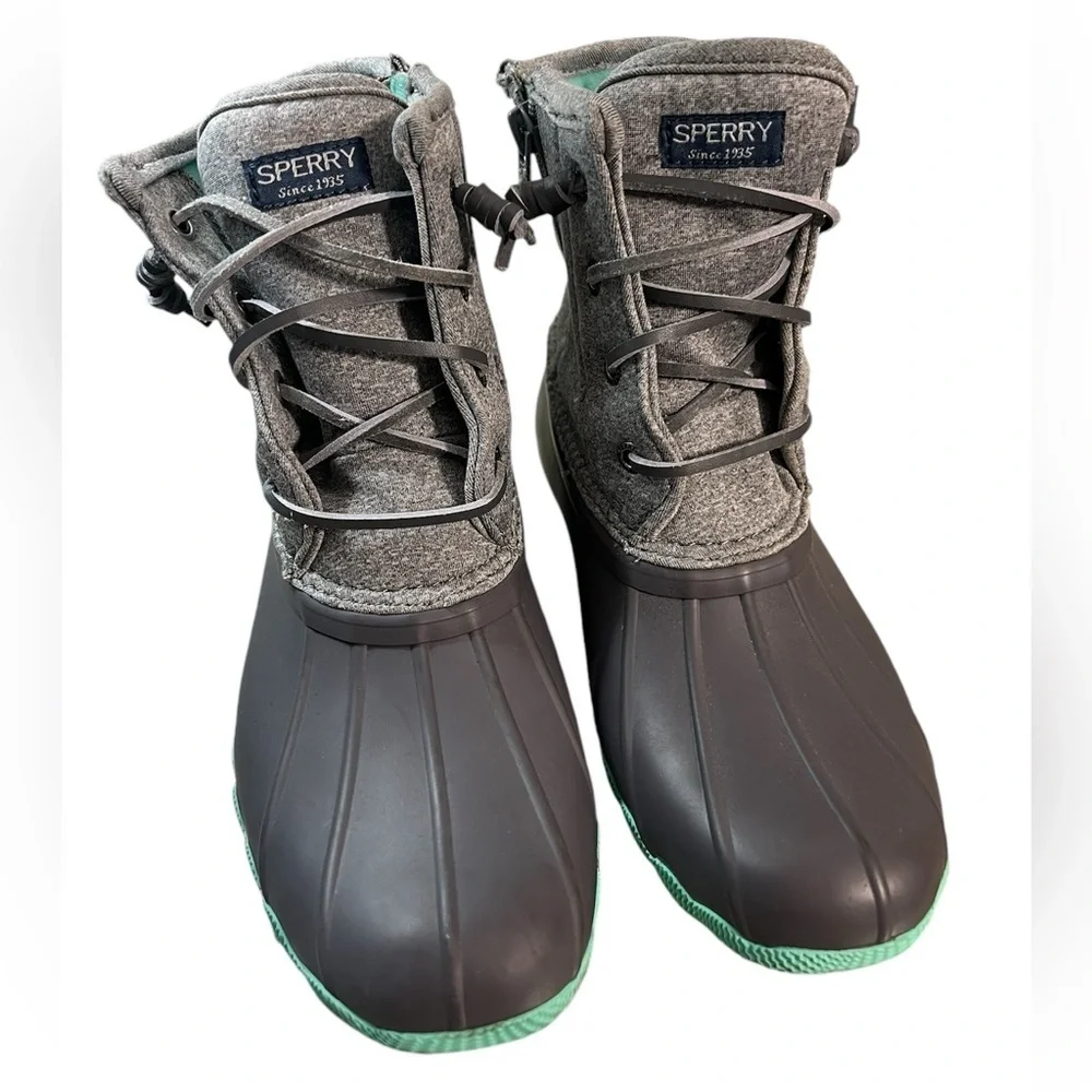 Sperry Saltwater Duck Boots Gray And Teal Green Size 4 Rain Snow Shoes